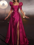 Evening Gown High Split Dress Christmas Masquerade Court Train Short Sleeve Square Neck with Ruched