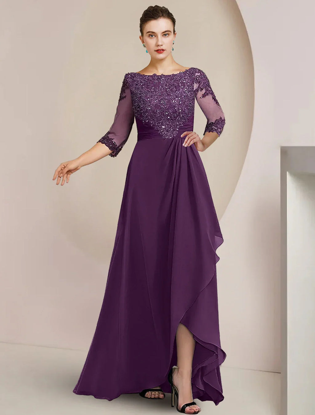 Mother of the Bride Dress Formal Wedding Guest Elegant High Low Scoop Neck Asymmetrical Floor Length 3/4 Length Sleeve with Beading Appliques