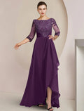 Mother of the Bride Dress Formal Wedding Guest Elegant High Low Scoop Neck Asymmetrical Floor Length 3/4 Length Sleeve with Beading Appliques