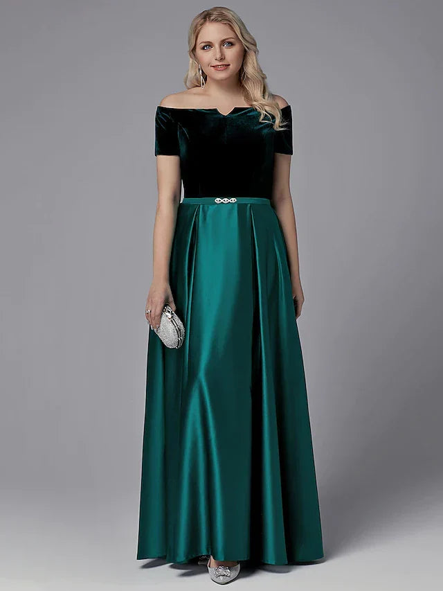 Special Occasion Dresses Elegant Dress Wedding Guest Floor Length Short Sleeve Off Shoulder with Crystals