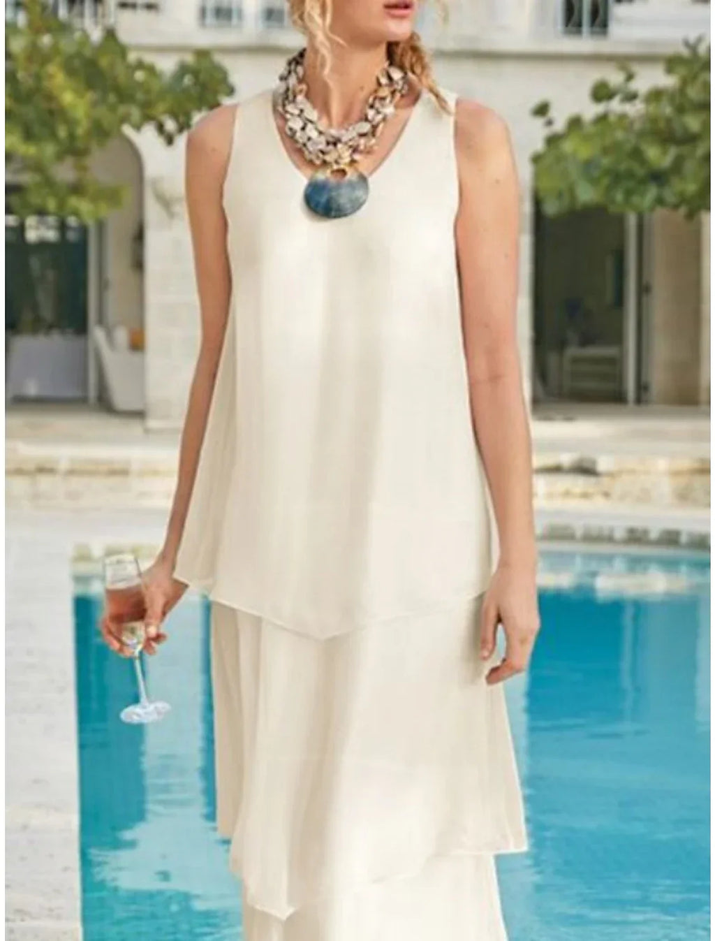 Sheath / Column Mother of the Bride Dress Wedding Guest Simple Elegant V Neck Ankle Length Sleeveless with Tier Solid Color
