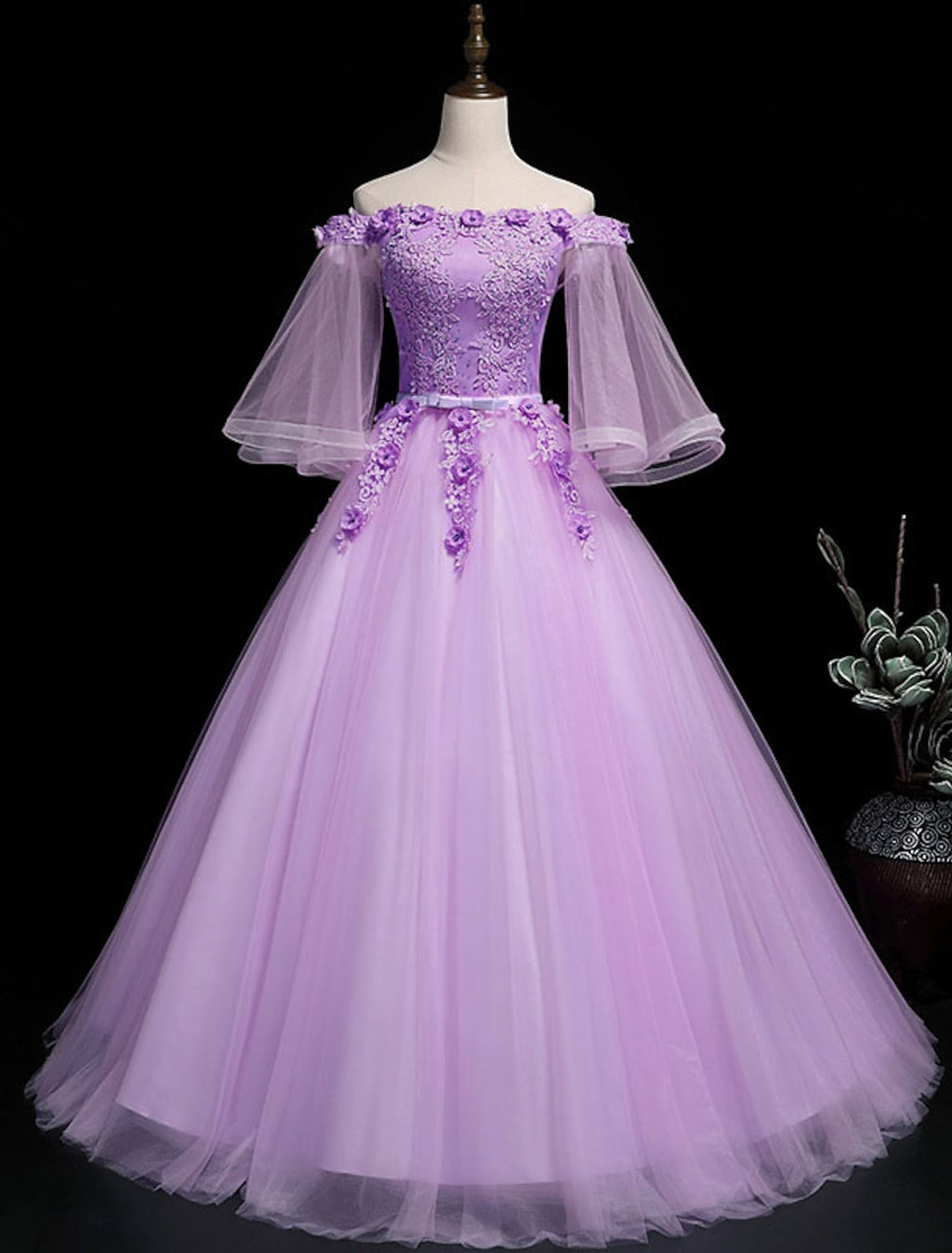 Luxurious Floral Quinceanera Prom Birthday Dress Off Shoulder Length Sleeve Floor Length Embroidery