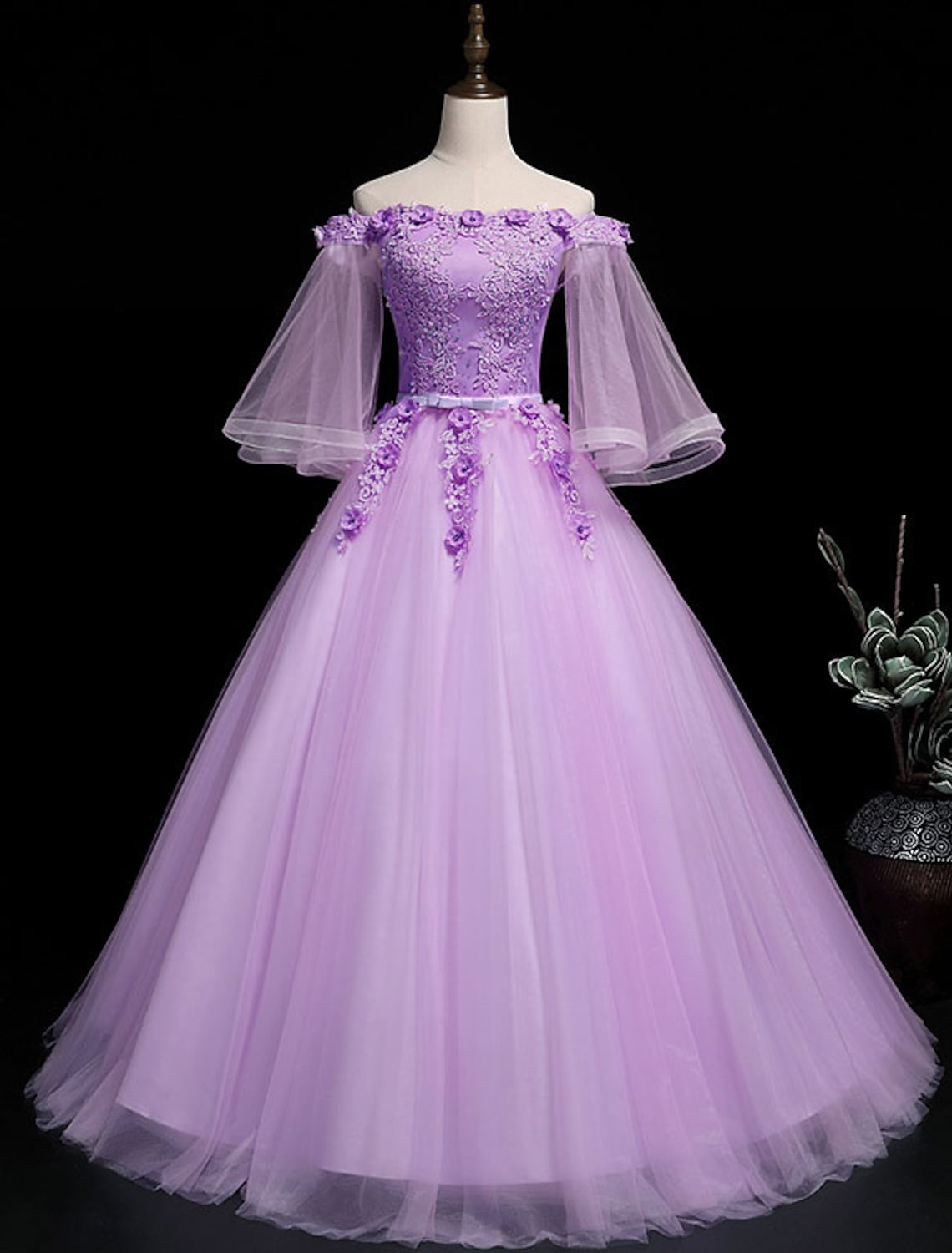 Luxurious Floral Quinceanera Prom Birthday Dress Off Shoulder Length Sleeve Floor Length Embroidery