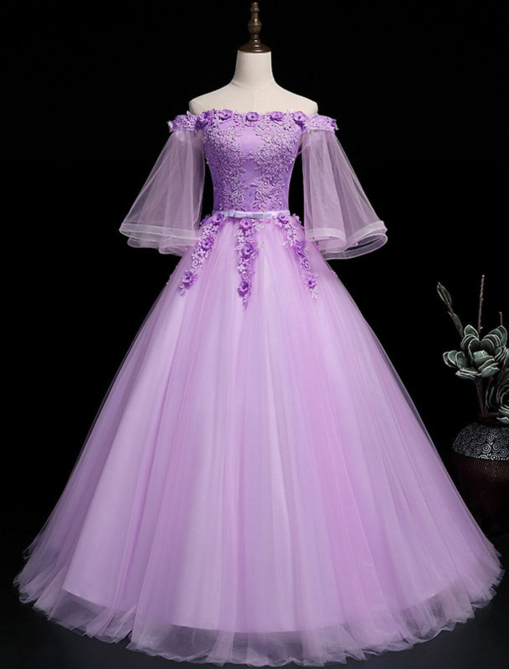 Ball Gown Luxurious Floral Quinceanera Prom Birthday Dress Off Shoulder 3/4 Length Sleeve Floor Length with Sash / Ribbon Embroidery