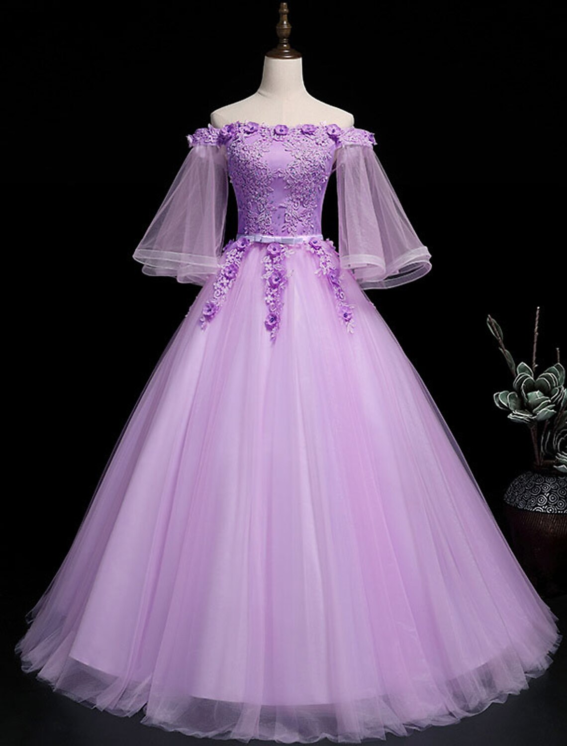 Ball Gown Luxurious Floral Quinceanera Prom Birthday Dress Off Shoulder 3/4 Length Sleeve Floor Length with Sash / Ribbon Embroidery