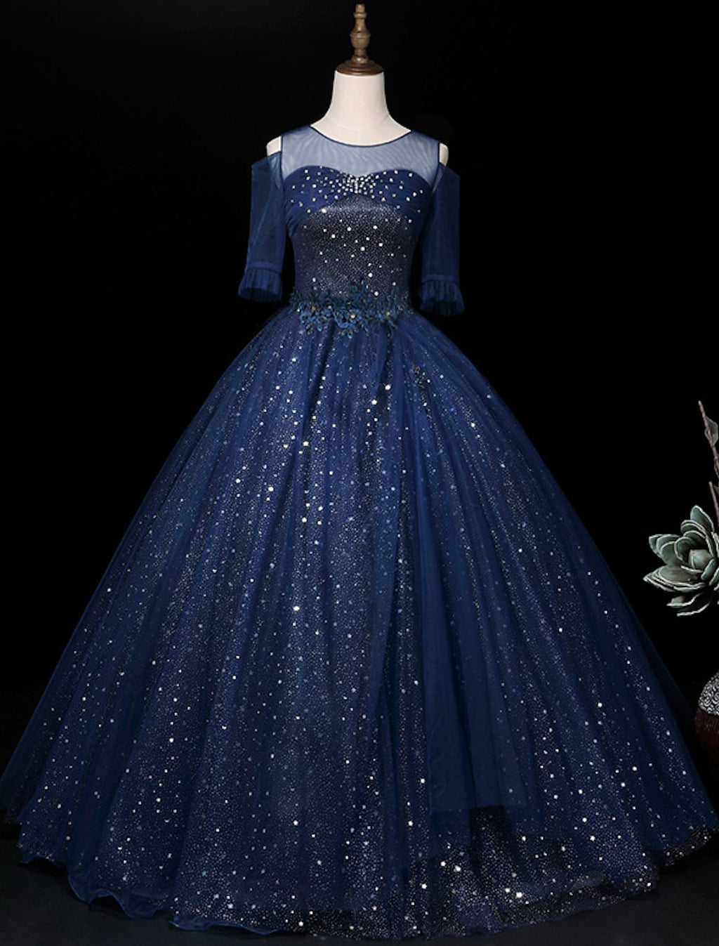 Sparkle Elegant Quinceanera Prom Dress Half Sleeve Floor Length