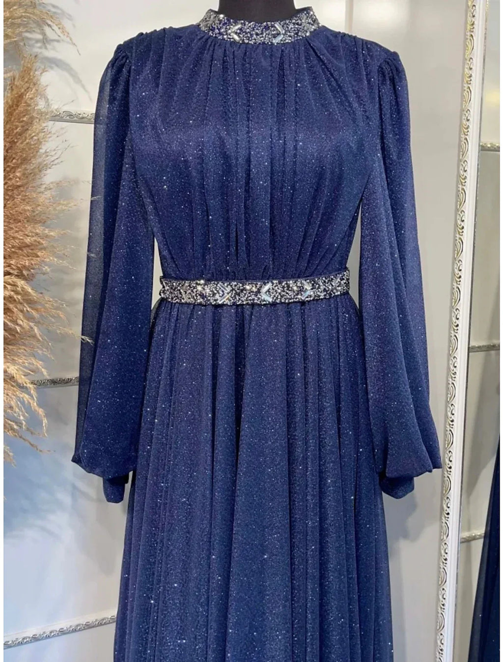 Evening Gown Elegant Dress Formal Floor Length Long Sleeve Jewel Neck Lurex Fabric with Rhinestone Pleats