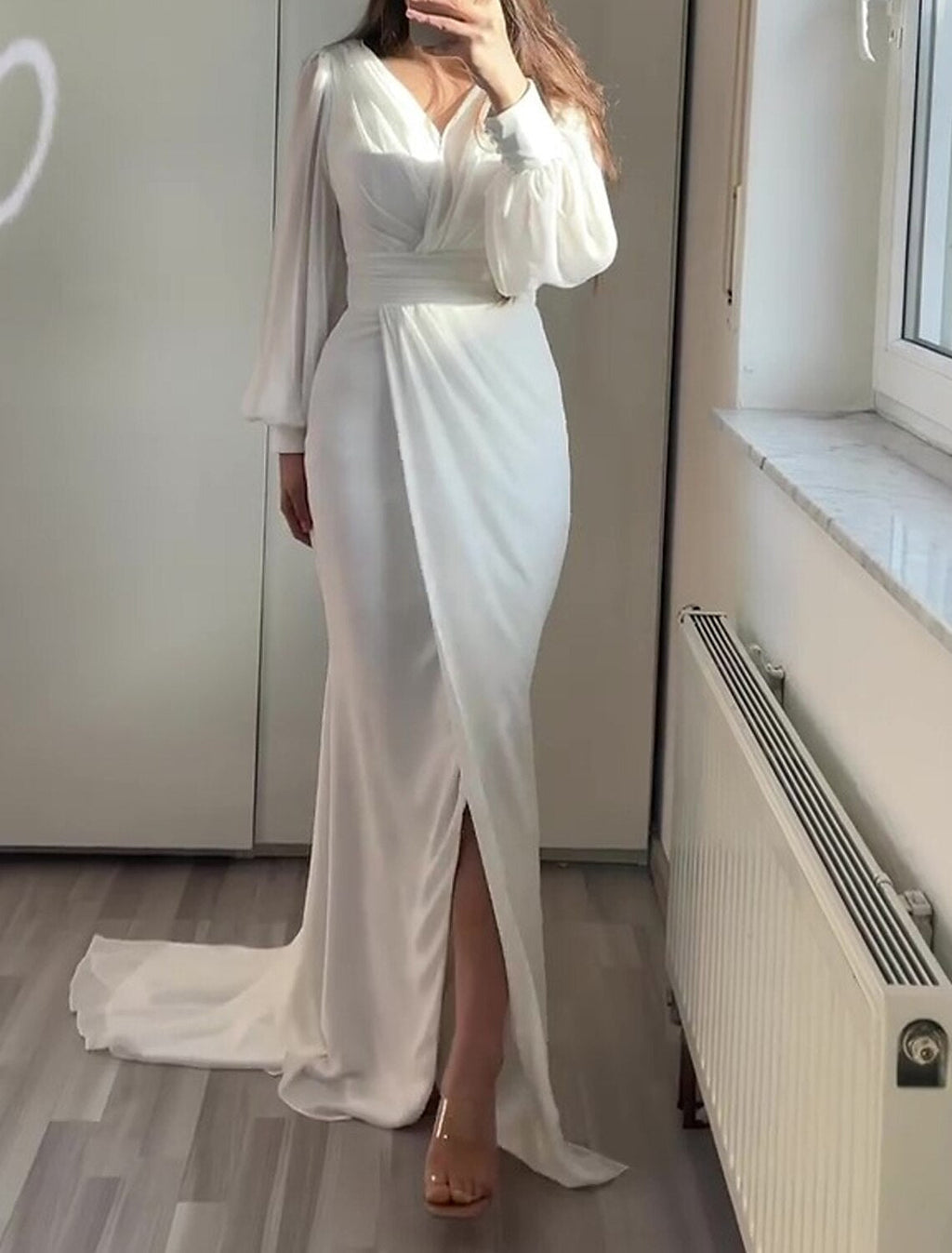 Mermaid / Trumpet Evening Gown Elegant Dress Formal Wedding Guest Court Train Long Sleeve V Neck with Ruched