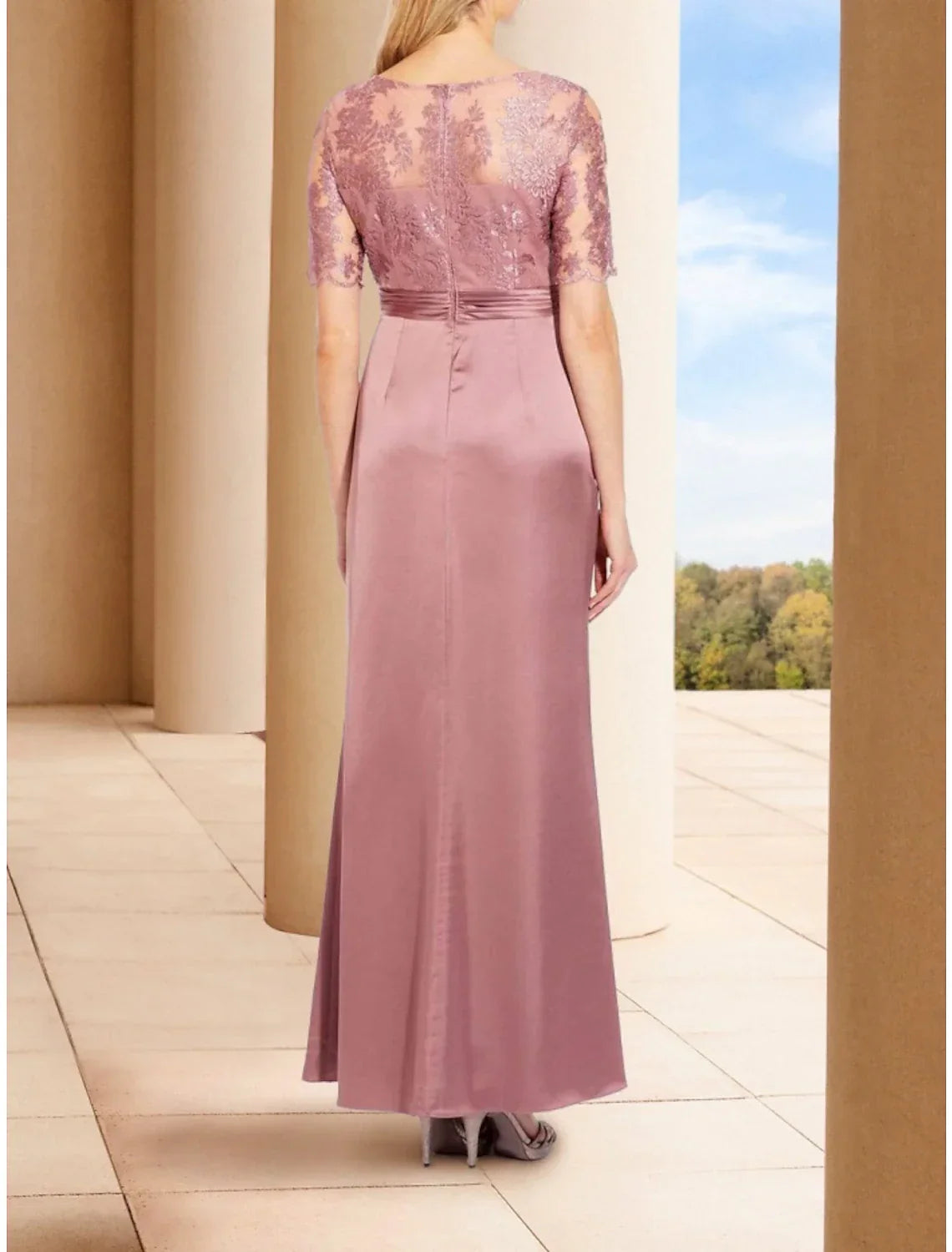 Mother of the Bride Dress Wedding Guest Elegant Scoop Neck Ankle Length Short Sleeve with Split Front Ruching