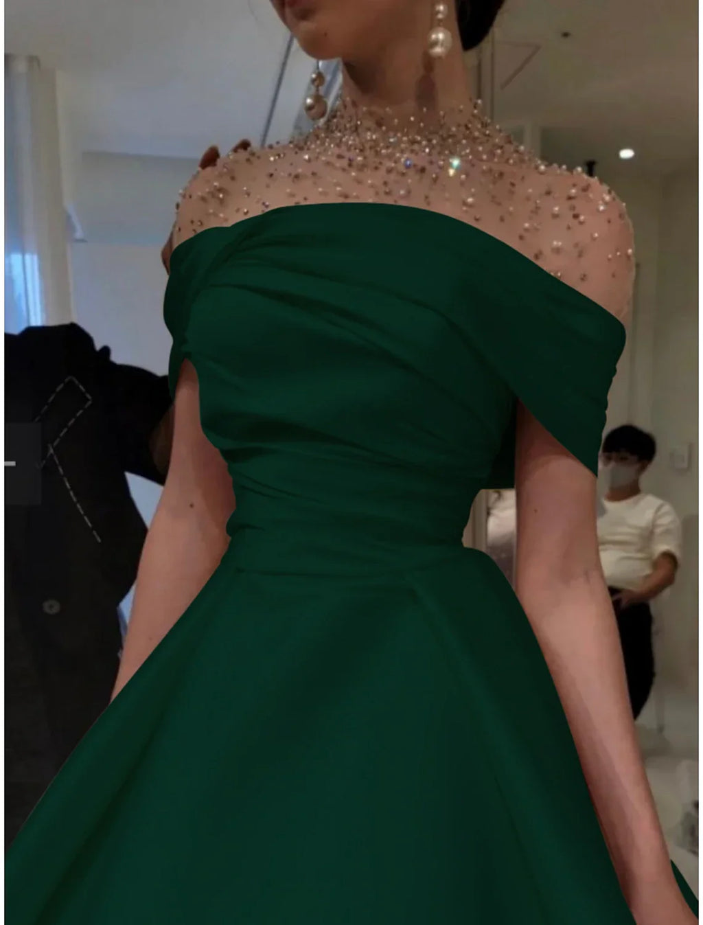 Green Evening Gown Elegant Dress Formal Christmas Red Dress Floor Length Short Sleeve Illusion Neck with Ruched Beading