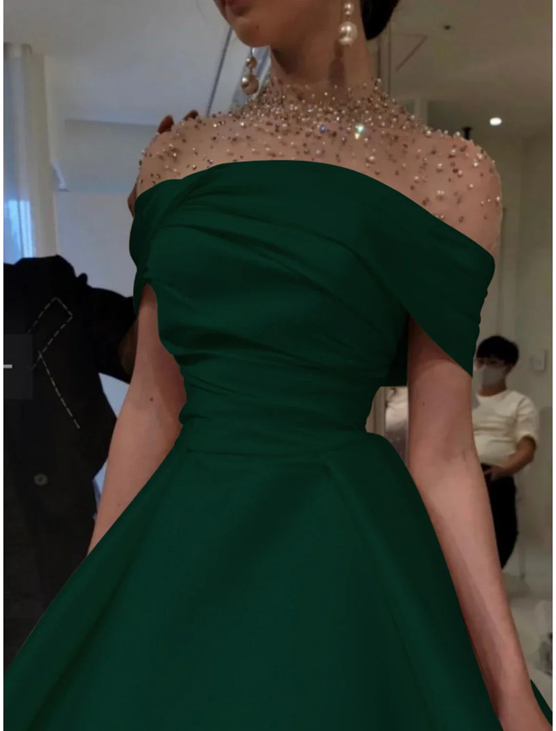 Green Evening Gown Elegant Dress Formal Christmas Red Dress Floor Length Short Sleeve Illusion Neck with Ruched Beading