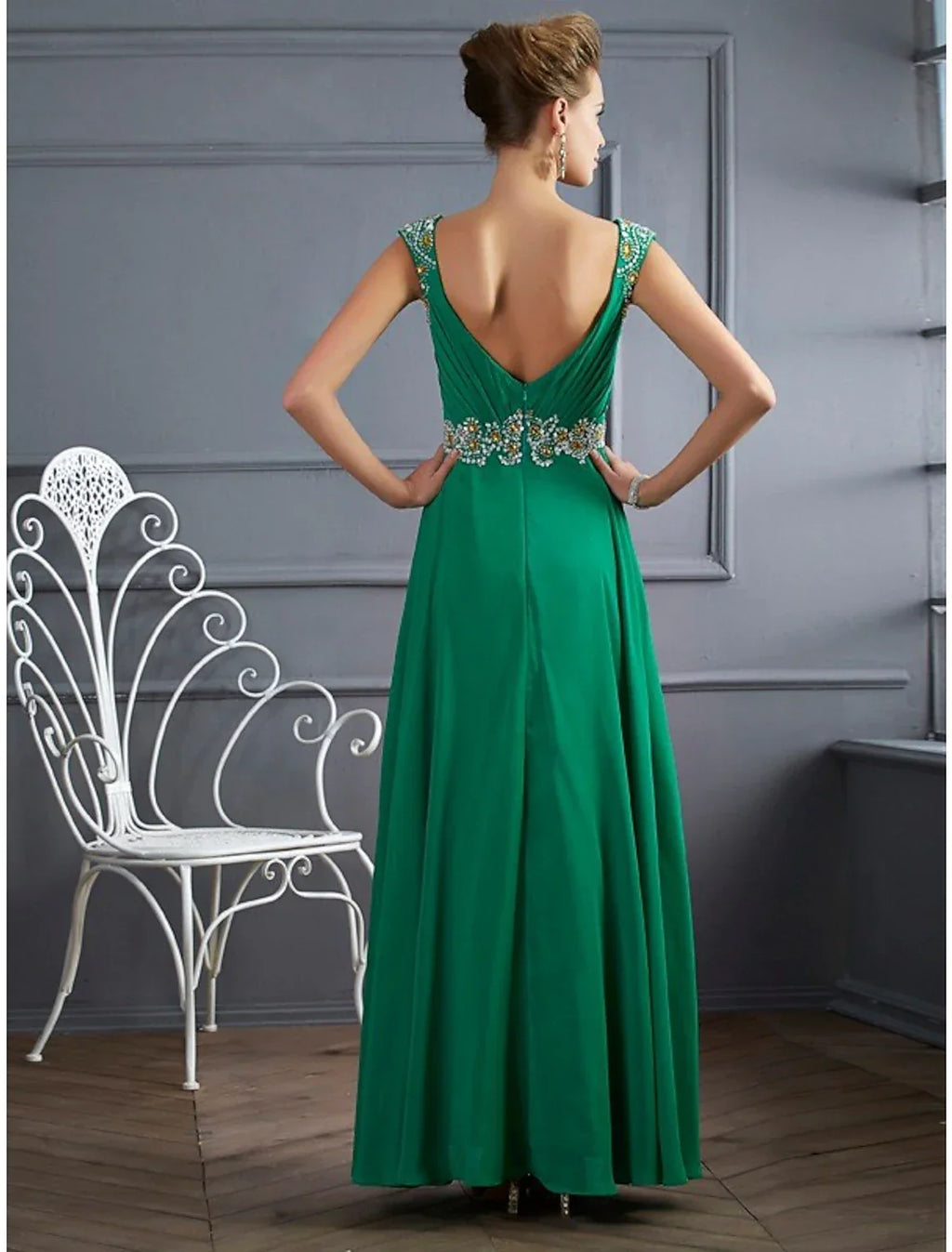 Evening Gown Sparkle & Shine Dress Formal Floor Length Sleeveless V Neck with Rhinestone Ruched