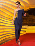 Sheath / Column Celebrity Style Party Wear Formal Evening Dress One Shoulder Long Sleeve Ankle Length with Beading Draping Appliques