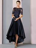 Mother of the Bride Dress Fall Wedding Guest Elegant High Low Scoop Neck Asymmetrical Tea Length Short Sleeve with Bow(s) Pleats Appliques