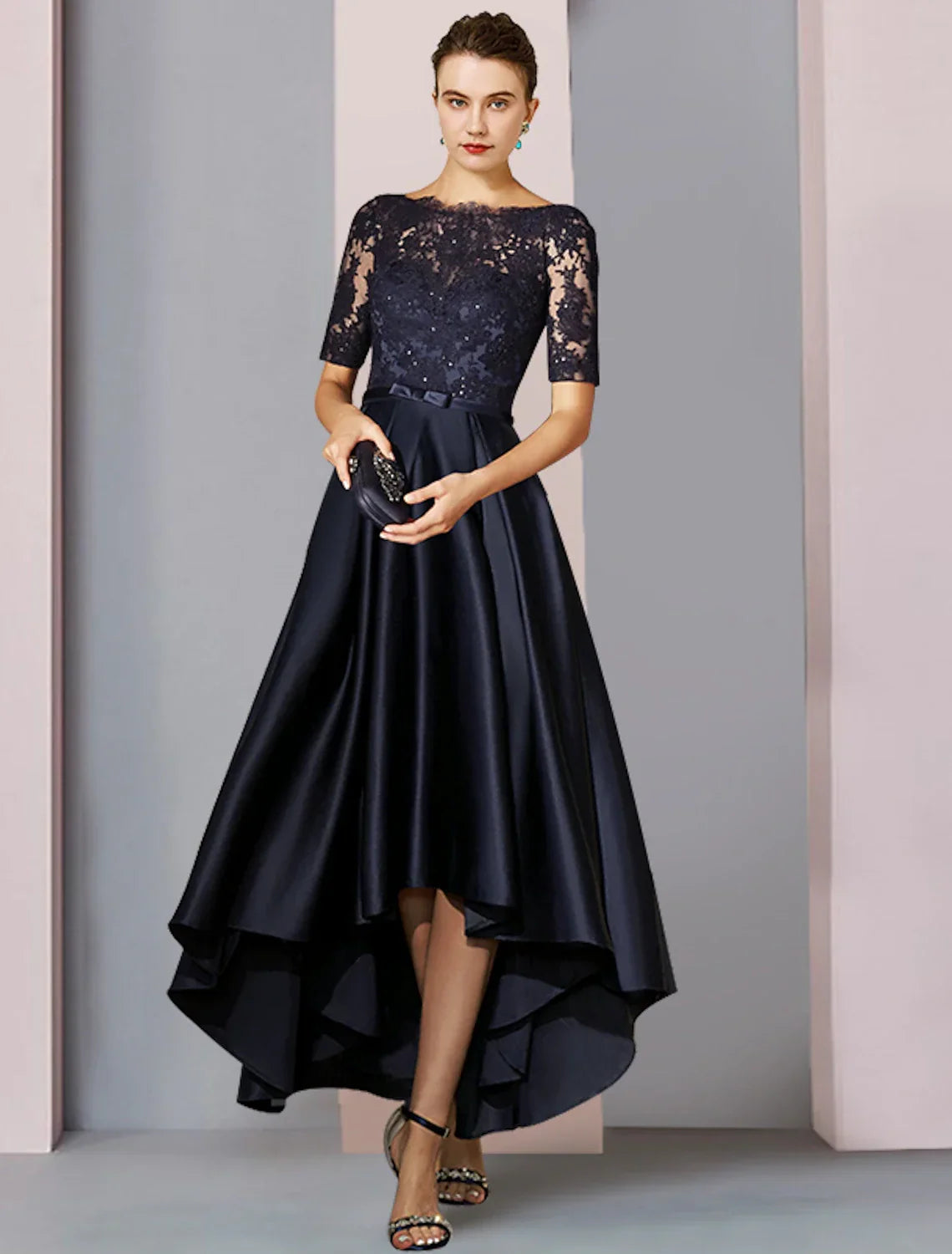Mother of the Bride Dress Fall Wedding Guest Elegant High Low Scoop Neck Asymmetrical Tea Length Short Sleeve with Bow(s) Pleats Appliques