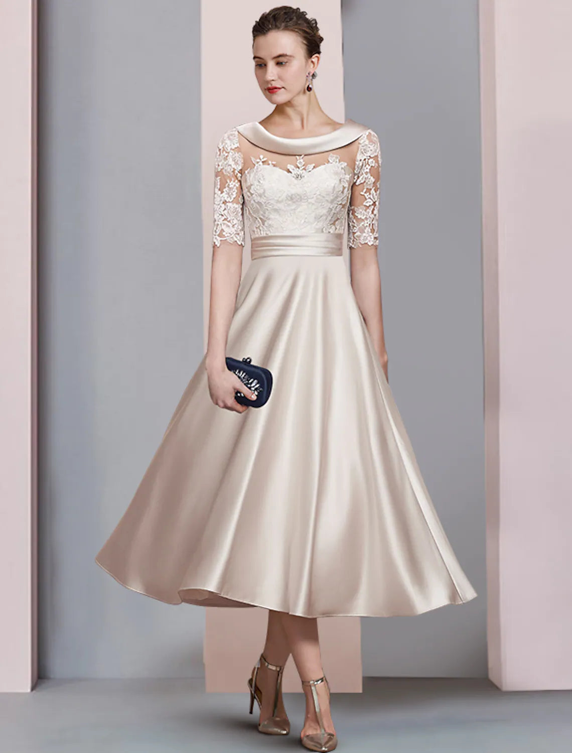 Mother of the Bride Dress Wedding Vintage Elegant Half Sleeve with Ruched Appliques