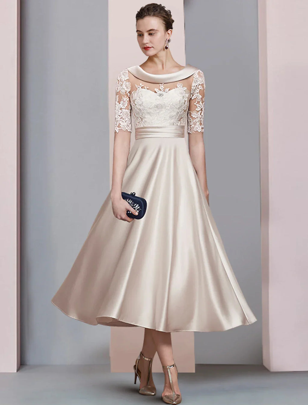 Mother of the Bride Dress Wedding Guest Elegant Vintage Scoop Neck Tea Length Half Sleeve with Ruched Appliques
