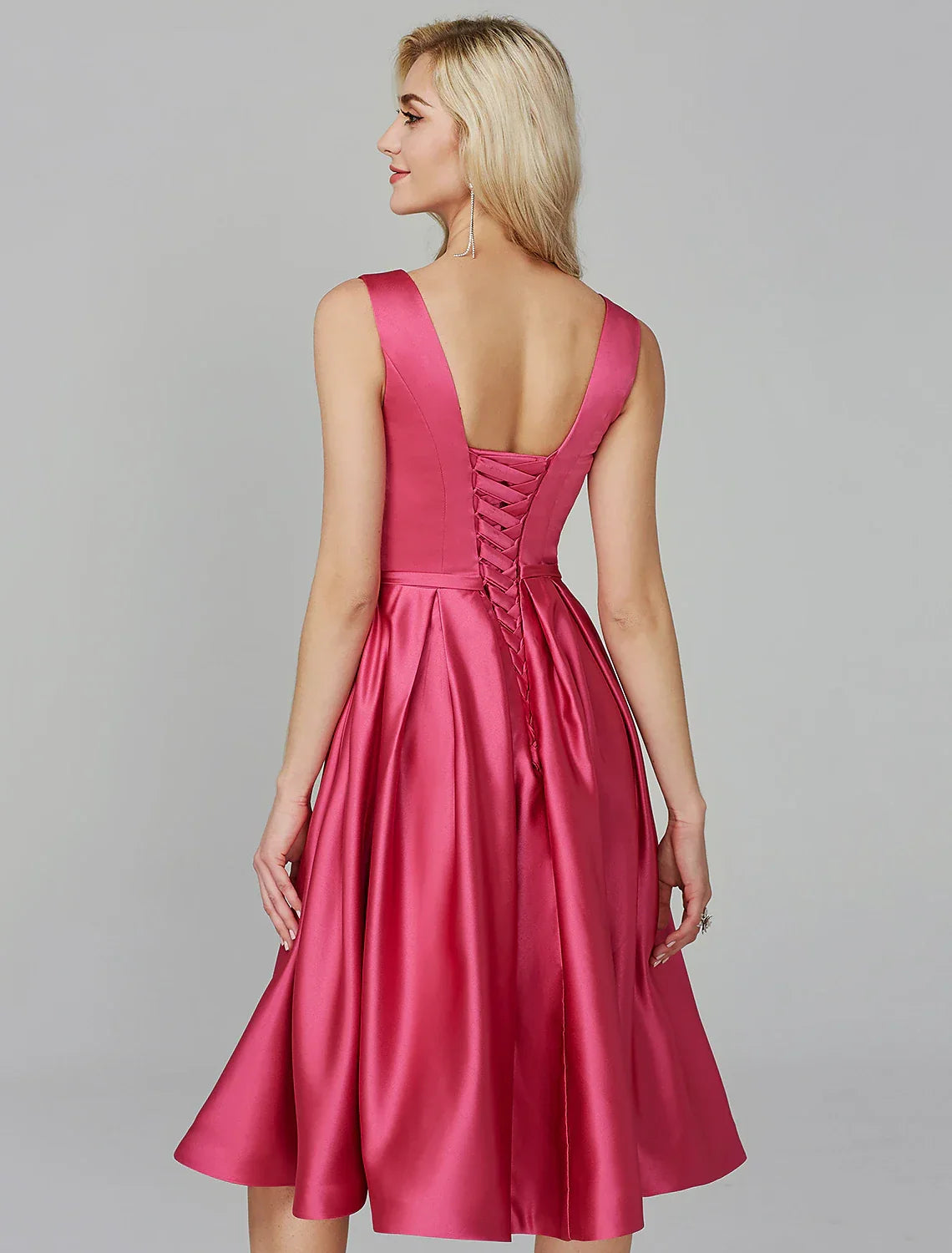 Pink Wedding Guest Knee Length Sleeveless V Wire Dress with Sash / Ribbon