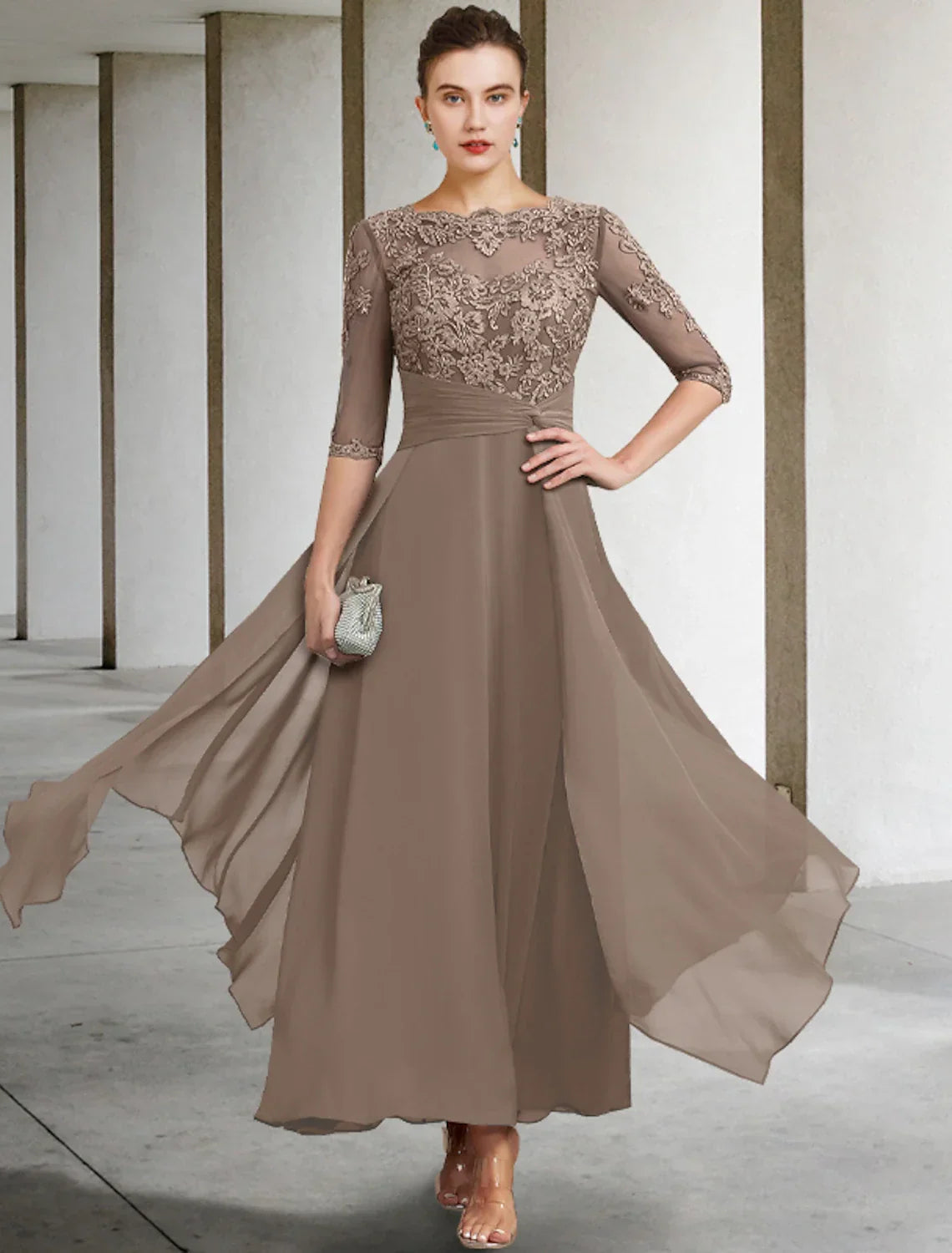 Mother of the Bride Dress Wedding Guest Plus Size Elegant Jewel Neck Ankle Length Half Sleeve with Ruched Beading Appliques Fall