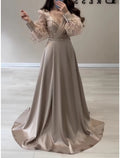 Evening Gown Elegant Dress Formal Fall Sweep / Brush Train Long Sleeve V Neck with Glitter Pleats Strappy