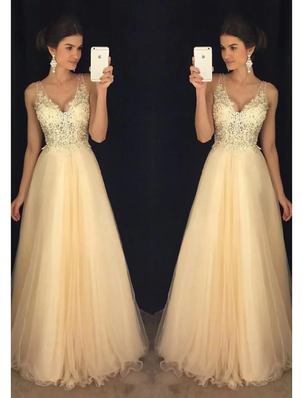 Formal Floor Length Sleeveless V Neck V Back Beading Appliques