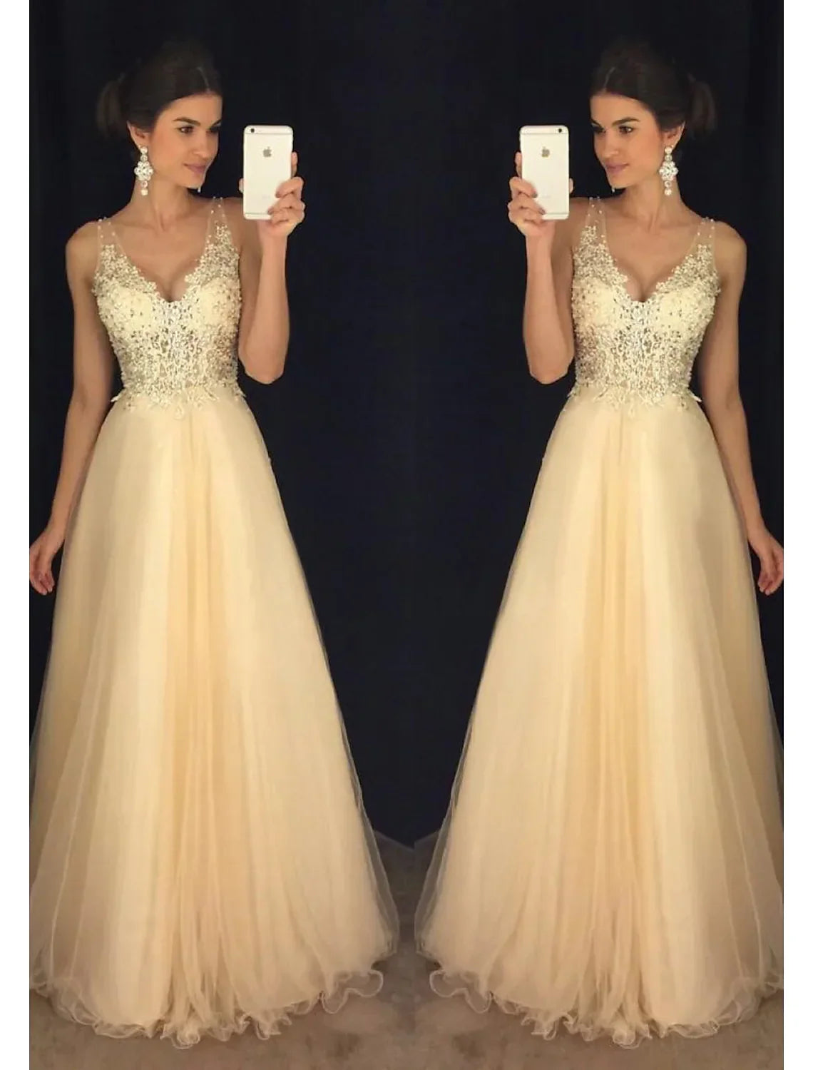 Formal Floor Length Sleeveless V Neck V Back Beading Appliques