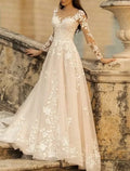 Beach Formal Wedding Dresses A-Line V Neck Long Sleeve Sweep / Brush Train Bridal Gowns With Flower Solid Color
