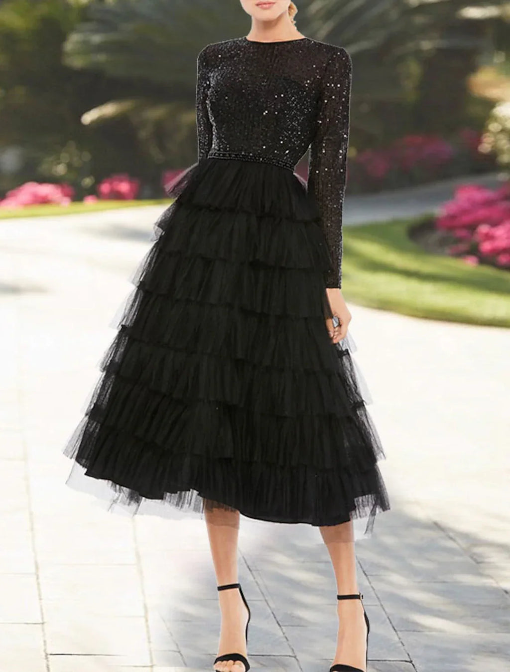 Black Cocktail Dresses Sparkle Dress Plus Size Party Wear Wedding Guest Tea Length Long Sleeve Jewel Neck Fall Wedding Guest with Tiered
