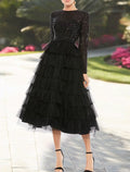 Black Cocktail Dresses Sparkle Dress Plus Size Party Wear Wedding Guest Tea Length Long Sleeve Jewel Neck Fall Wedding Guest with Tiered