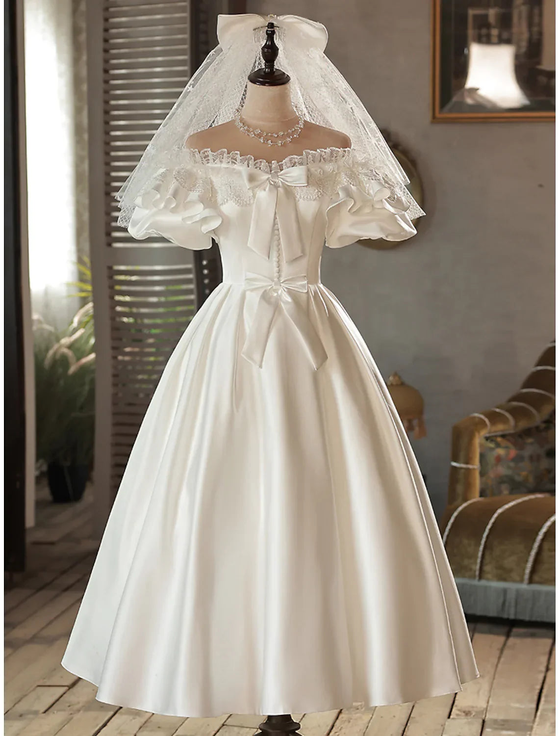 White Vintage Little Dresses A-Line Short Sleeve Off Shoulder With Bow
