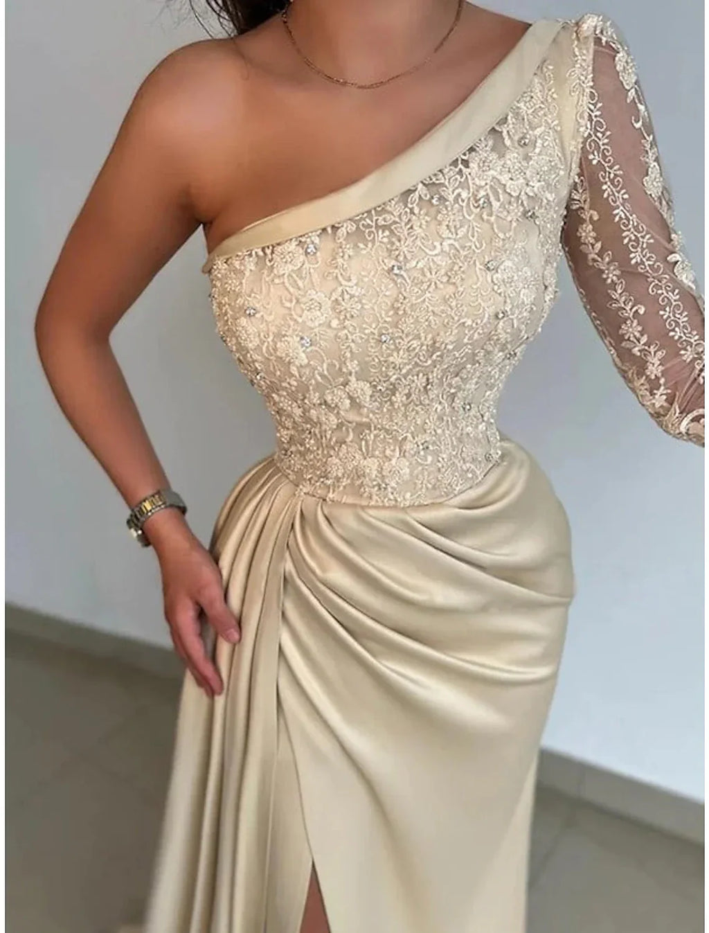 Black Mermaid Dress Evening Gown Hot Dress Formal Wedding Party Sweep / Brush Train Long Sleeve One Shoulder Bridesmaid Dress with Rhinestone Appliques
