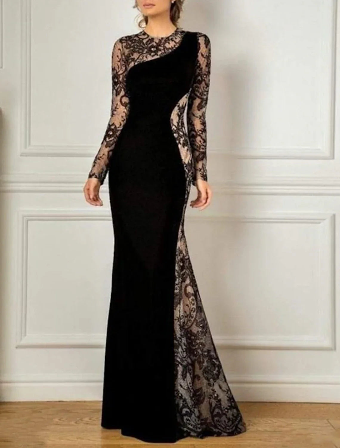Mermaid / Trumpet Mother of the Bride Dress Fall Wedding Guest Party Elegant Jewel Neck Floor Length Long Sleeve No with Appliques Color Block