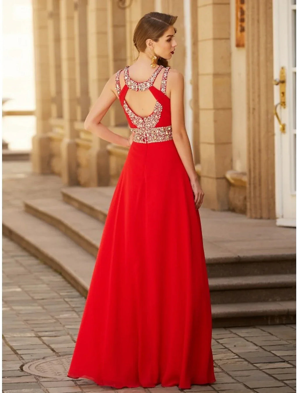 Evening Gown Sparkle & Shine Dress Party Wear Floor Length Sleeveless Halter with Rhinestone Slit