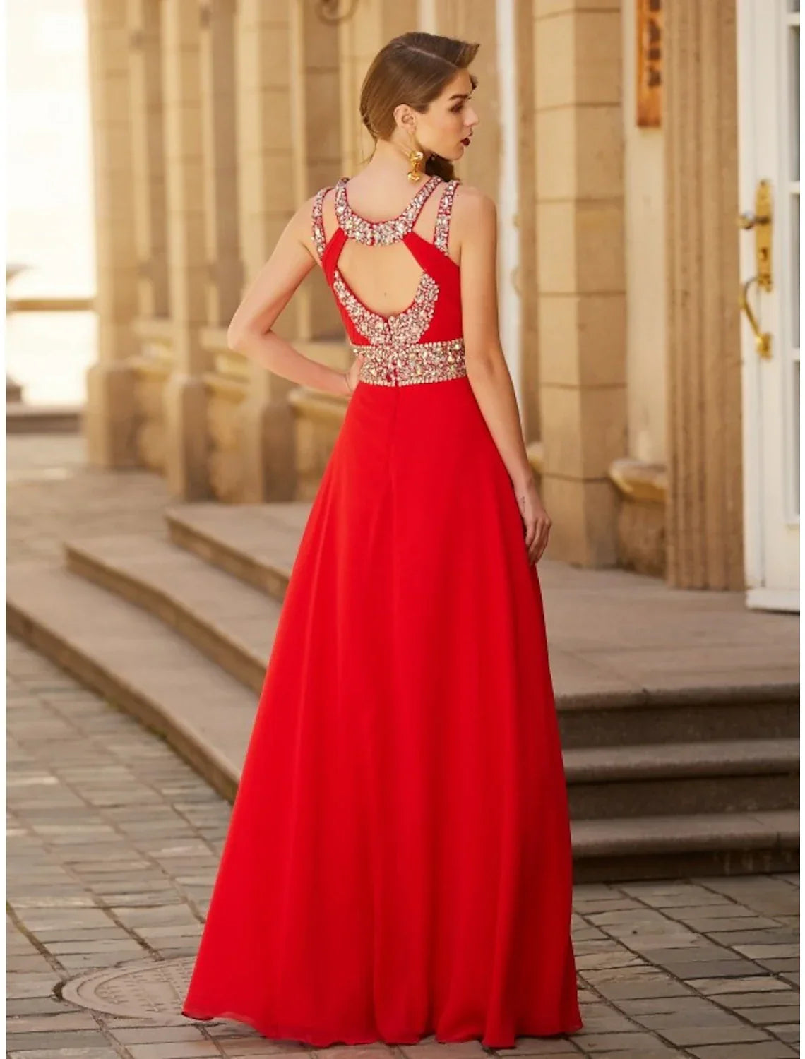 Evening Gown Sparkle & Shine Dress Party Wear Floor Length Sleeveless Halter with Rhinestone Slit