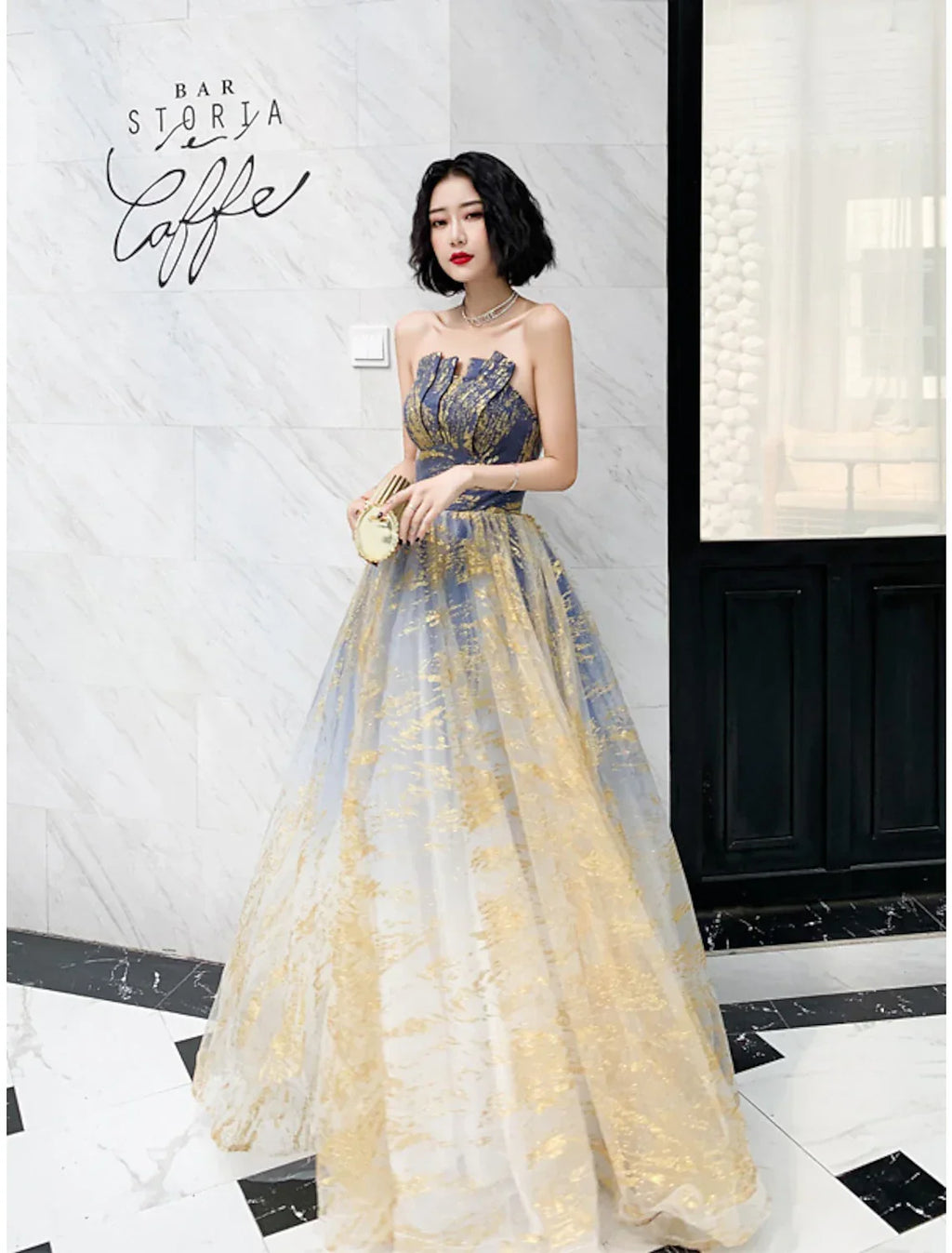 Color Block Sparkle Engagement Prom Dress Strapless Sleeveless Floor Length