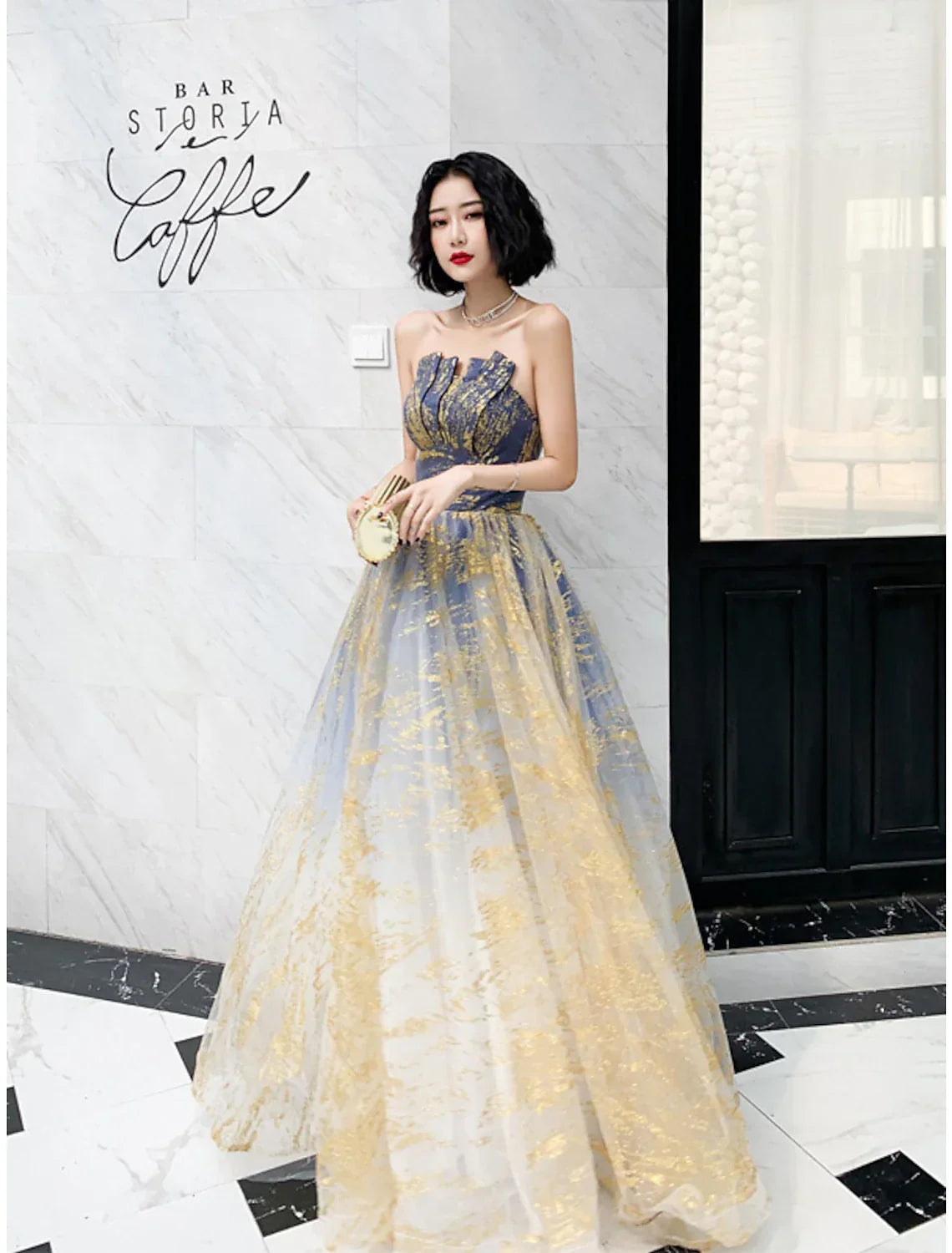 Color Block Sparkle Engagement Prom Dress Strapless Sleeveless Floor Length