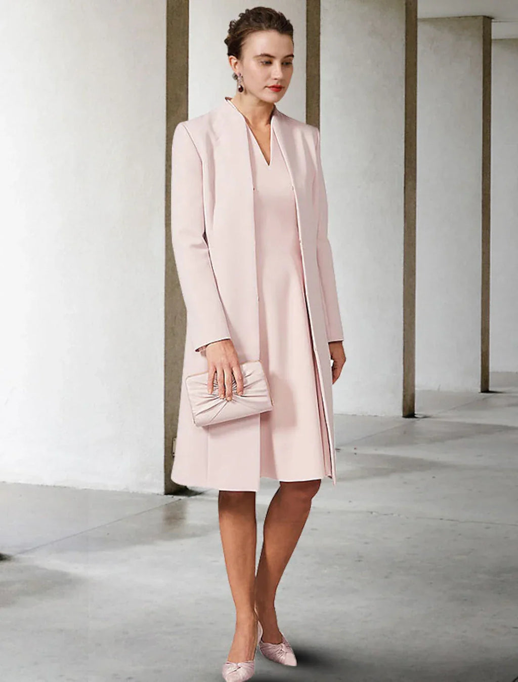 Two Piece A-Line Mother of the Bride Dress Wedding Guest Church Elegant V Neck Knee Length Short Sleeve Jacket Dresses with Solid Color Fall