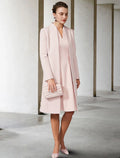 Two Piece A-Line Mother of the Bride Dress Wedding Guest Church Elegant V Neck Knee Length Short Sleeve Jacket Dresses with Solid Color Fall