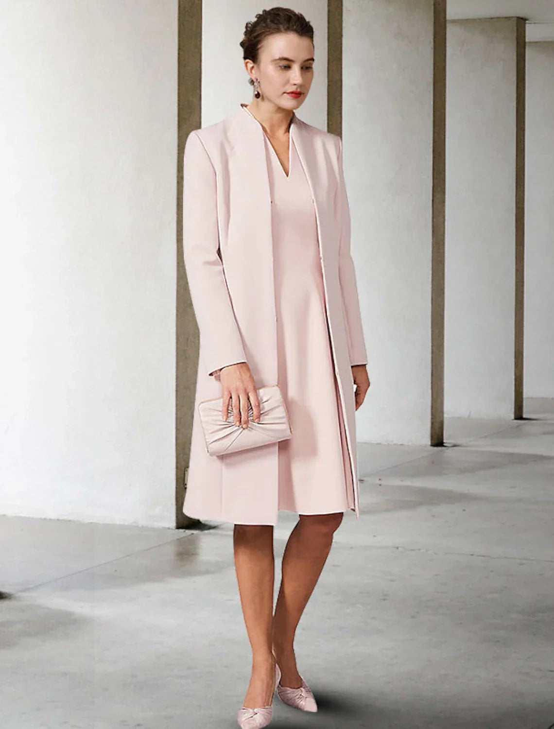 Two Piece A-Line Mother of the Bride Dress Wedding Guest Church Elegant V Neck Knee Length Short Sleeve Jacket Dresses with Solid Color Fall