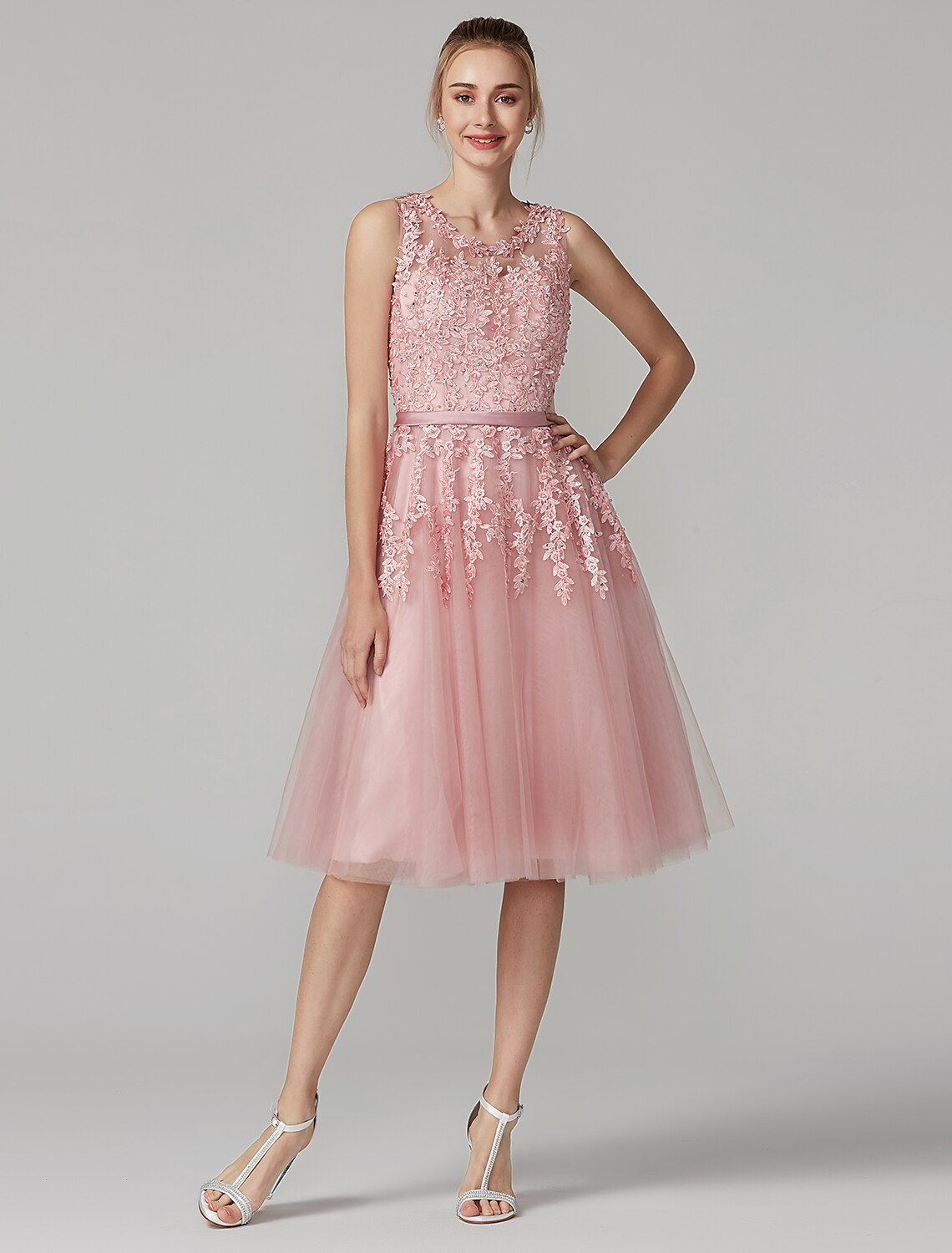 Cocktail Party Knee Length Sleeveless Illusion Neck Over with Beading Appliques