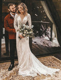 Beach Open Back Boho Wedding Dresses A-Line V Neck Long Sleeve Court Train Bridal Gowns With Solid Color