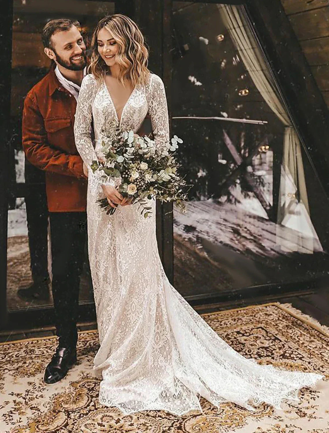 Beach Open Back Boho Wedding Dresses A-Line V Neck Long Sleeve Court Train Bridal Gowns With Solid Color