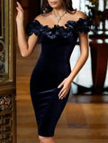 Sheath / Column Cocktail Dresses Floral Dress Party Wear Wedding Guest Knee Length Short Sleeve Off Shoulder with Appliques