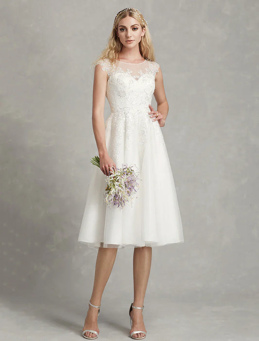 Elegant White A-Line Classic-Neck Classic-Sleeve Open-Back Floor-Length Wedding Dress