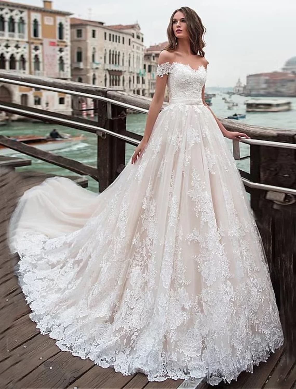 Engagement Formal Wedding Dresses Chapel Train Ball Gown Short Sleeve Off Shoulder Appliques