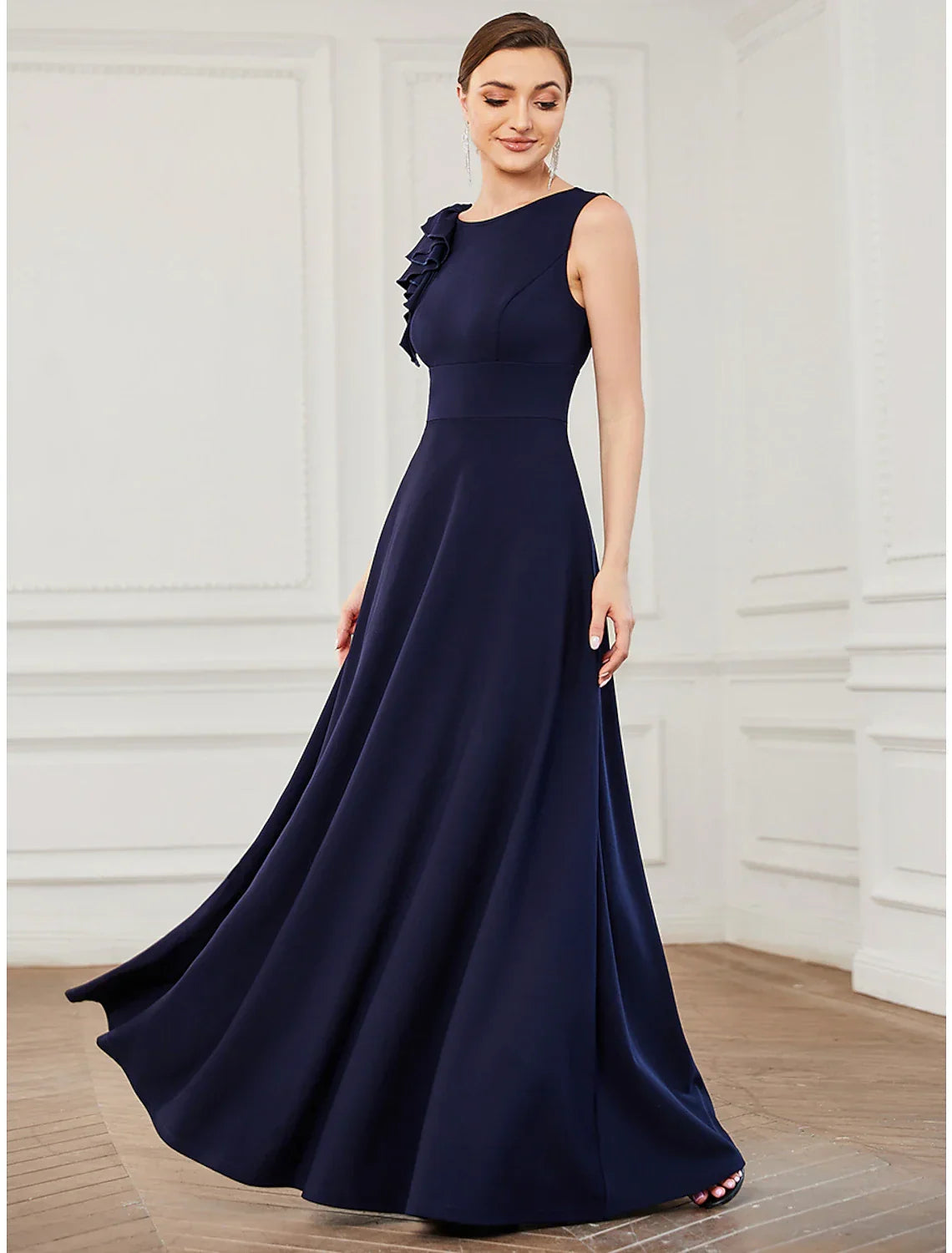 Evening Gown Plus Size Dress Formal Floor Length Sleeveless Jewel Neck with Draping Appliques