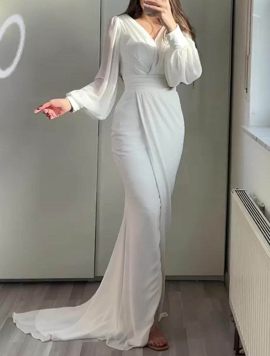 Mermaid / Trumpet Evening Gown Elegant Dress Formal Wedding Guest Court Train Long Sleeve V Neck with Ruched
