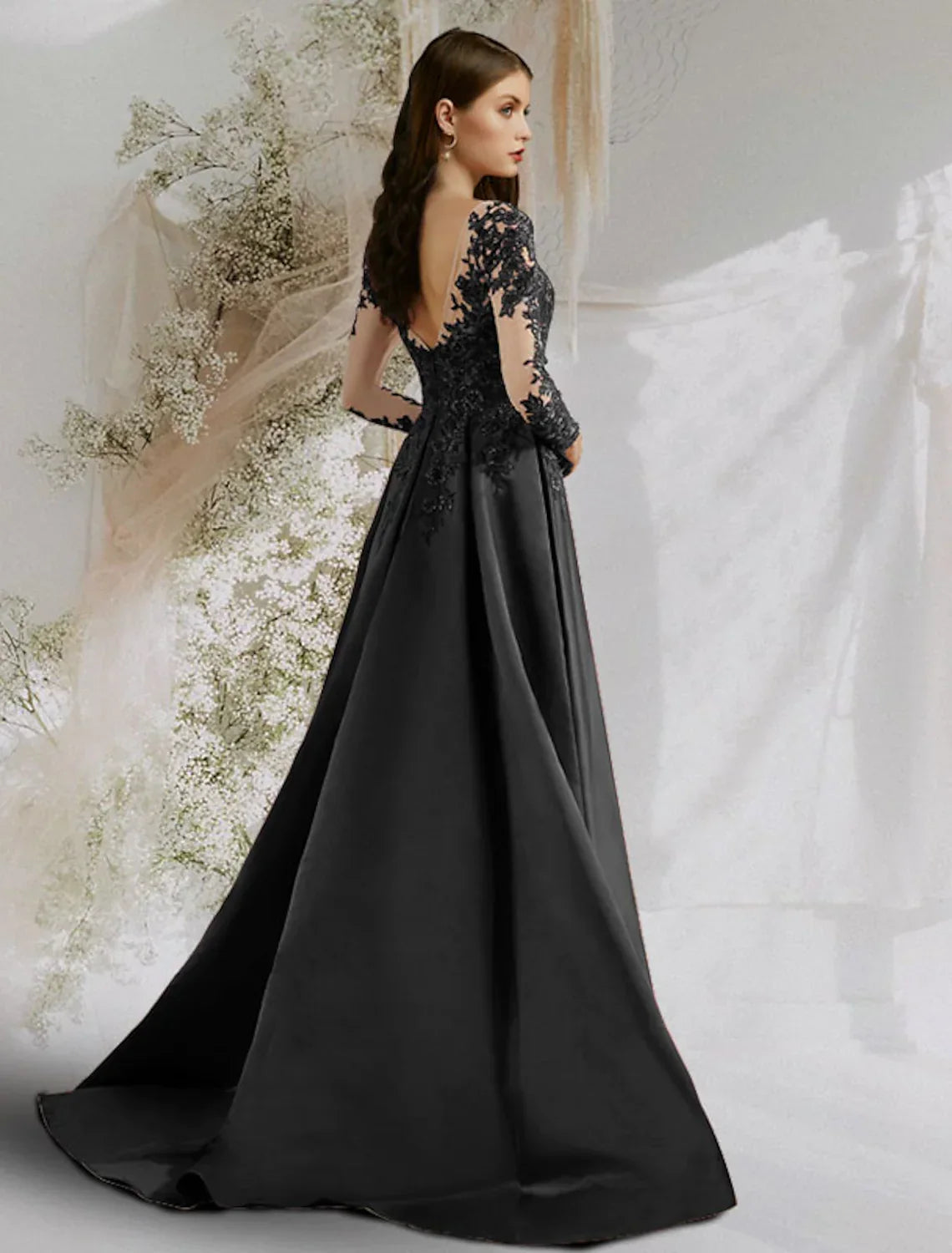 Back Sexy Floral Prom Formal Evening Dress Boat Neck Long Sleeve with Appliques