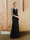 Evening Gown Luxurious Dress Prom Floor Length Long Sleeve Jewel Neck with Pleats
