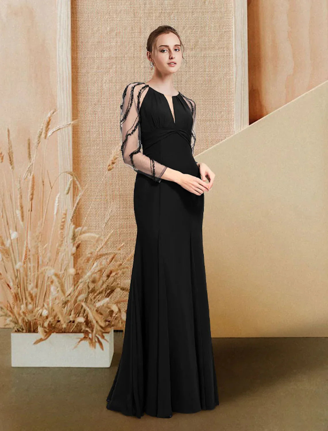 Evening Gown Luxurious Dress Prom Floor Length Long Sleeve Jewel Neck with Pleats
